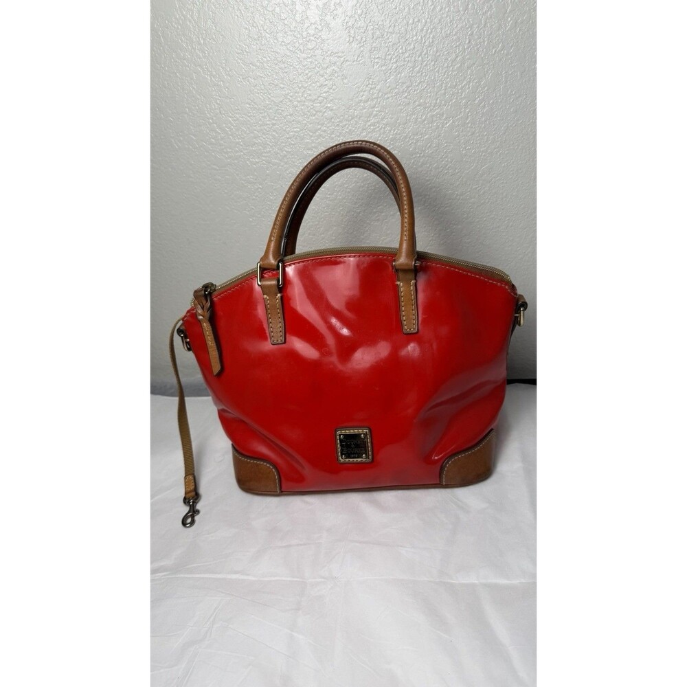 Dooney & Bourke Red Patent Leather Satchel Dome Bag Brown Trim
